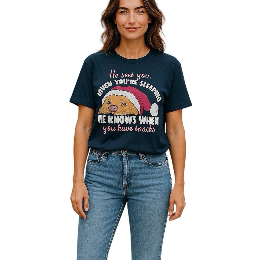 Golden Retriever Santa Paws Graphic T-shirt He Sees You When You’re Sleeping XL